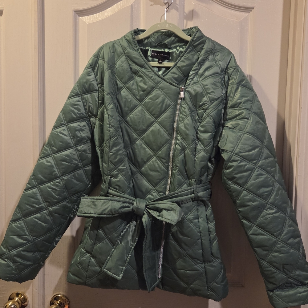 Susan Graver Moto Jacket Quilted Lightweight Spring Summer Waist Belt Large QVC